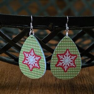 Hand Crafted Green and Red Teardrop Snowflake Earrings